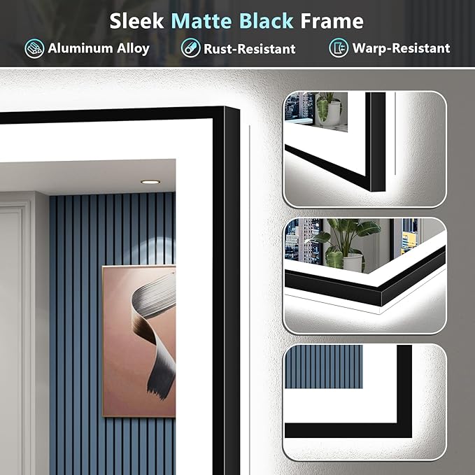 60x36 Black Framed LED Bathroom Mirror with Lights, Backlit and Front Lit Anti-Fog Lighted Vanity Mirror for Bathroom Wall, 3 Colors, Dimmable, Memory, Shatter-Proof, HD Tempered Glass