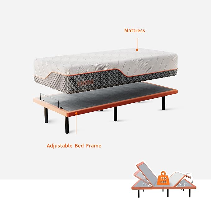 ESHINE Adjustable Bed Frame + 14" Hybrid Mattress Twin XL - Luxury Gel Memory Foam(319 Pocket Springs) with Massage, Wireless Remote, USB, Under Bed Night Light, Medium Soft, 3000 Series