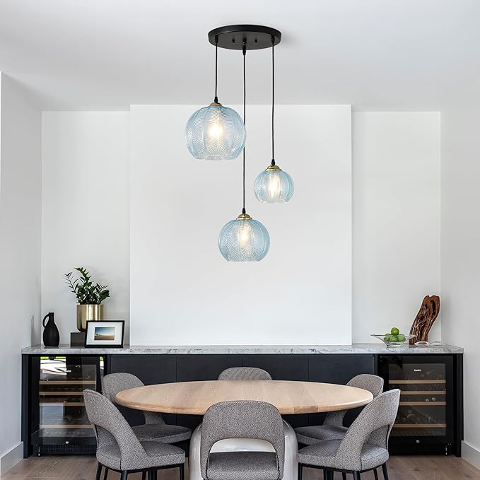 3-Light Blue Glass Pendant Light, Globe Shade Hanging Chandelier, Hand Blown Glass Ball Pendant Light Fixtures for Kitchen Island, Staircase, Dining Room, Living Room, Bedroom