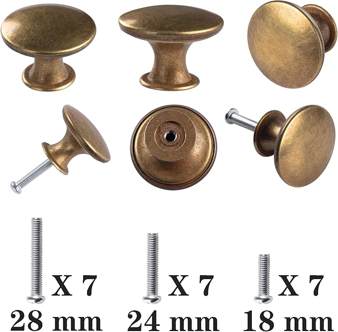 6 Pack Brass Round Antique Brass Kitchen Cabinet Knobs Cupboard Door Knobs Drawer Handle Pulls Dresser Knobs with 7 Pcs Screws for Bathroom Drawer Door Hardware