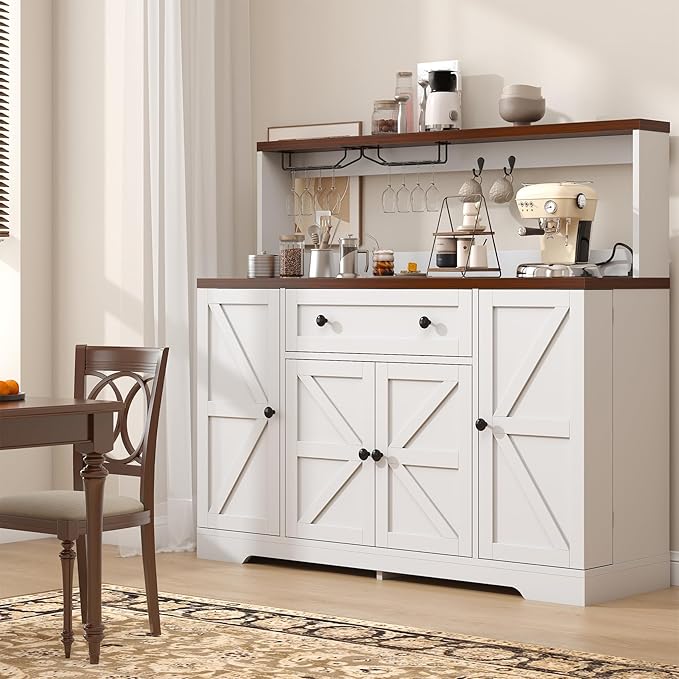 Hutch Storage Buffet Cabinet with Drawers, and Charging Station, Coffee Bar Cabinet with Barn Doors, Wine Rack and Hooks, White Wood Sideboard Buffet for Kitchen, Dining Room, 47.8" High