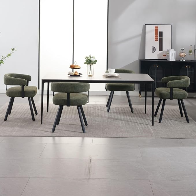 LukeAlon PU Leather Dining Chairs Set of 4, Upholstered Armchair with Padded Barrel Back Modern Guest Chairs Side Chairs with Armrests Black Metal Legs for Kitchen Dining Room, Vintage Green