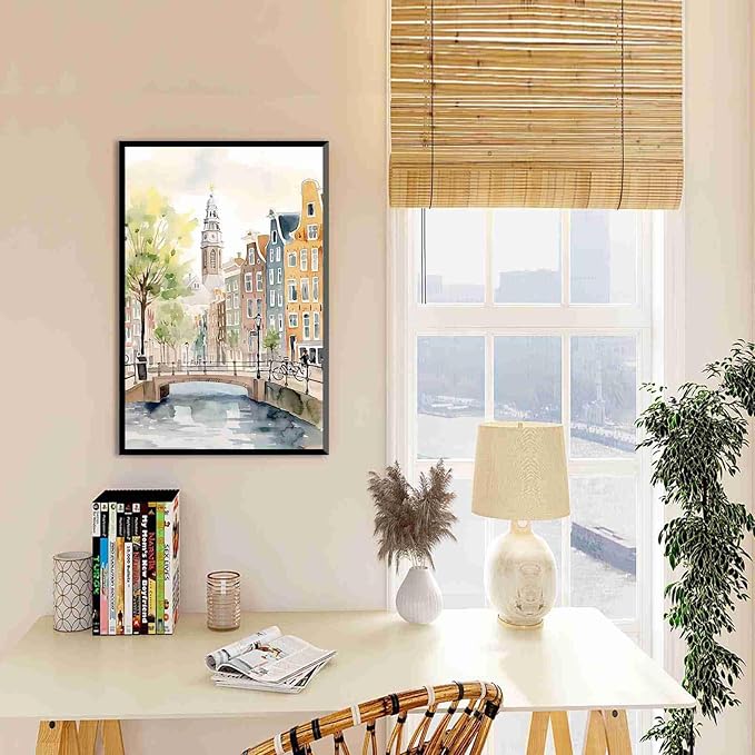 Pastel Canal Cityscape Canvas Art - Riverside Watercolor Architecture Print with Clock Tower & Bicycle Path - European-Style Townscape Wall Decor for Living Room Serenity