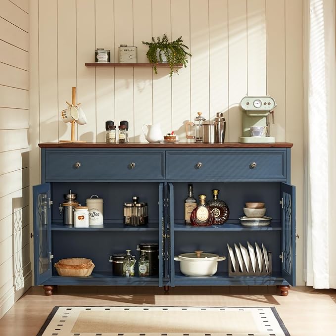 Large Sideboard Buffet Cabinet with Storage,59" Credenza with 4 Glass Doors & 2 Drawers,Adjustable Shelves Coffee Bar,Wood Kitchen Console Table for Dining Room,Living Room,Blue