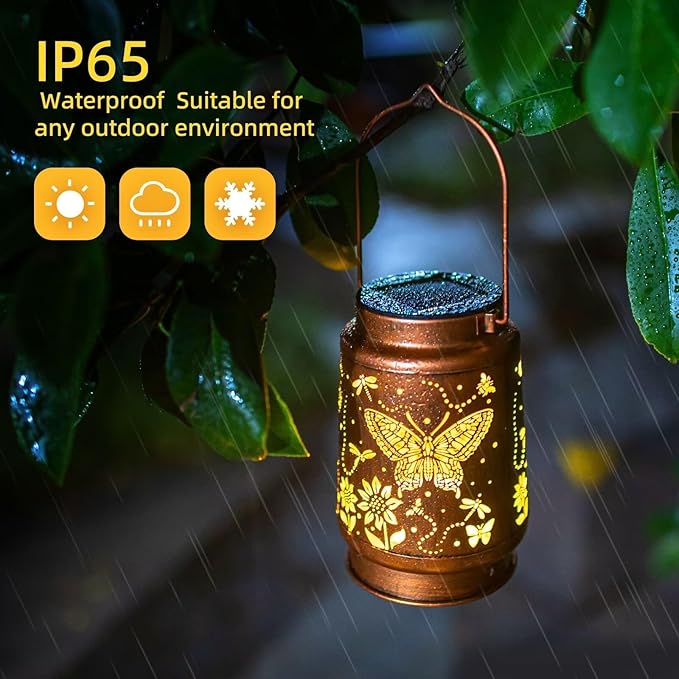 2 Pack Butterfly Solar Lanterns Outdoor Waterproof Hanging Solar Lights Gifts for Women Men Mom Metal Decorative LED Lanterns Outside for Garden, Yard, Patio, Lawn, Porch, Backyard