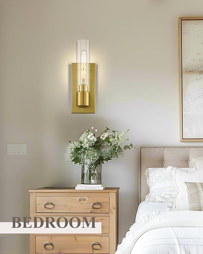 1-Light Bathroom Vanity Light, HWH Modern Sconce Wall Lighting with Cylinder Clear Glass Shade, Vanity Wall Sconce in Brushed Gold Finish for Bedroom Kitchen Powder Room, 5HY104B BG