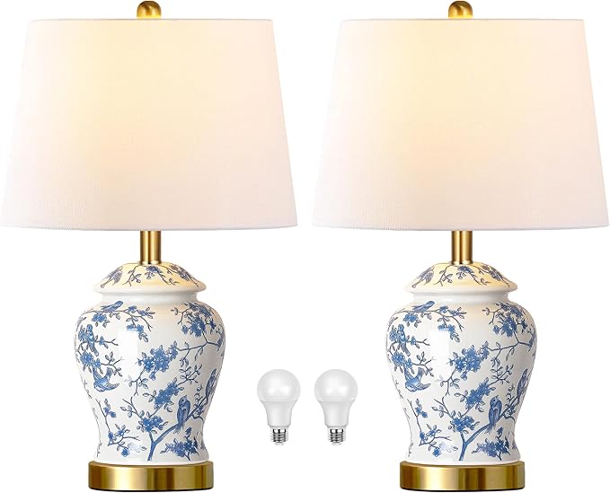 QiMH Chinoiserie Ceramic Table Lamps Set of 2 for Living Room, Vintage Traditional Bedside Lamps for Night Stands, 22" Large Blue and White Table Lamp for Bedroom Cottage, Gold(LED Bulbs Included)