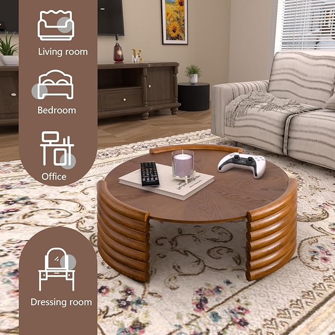 36" Round Coffee Table for Living Room Mid Century Modern Vintage Circle Coffee Table Center Tables Fluted Accent Tea Tables for Apartment Living Room