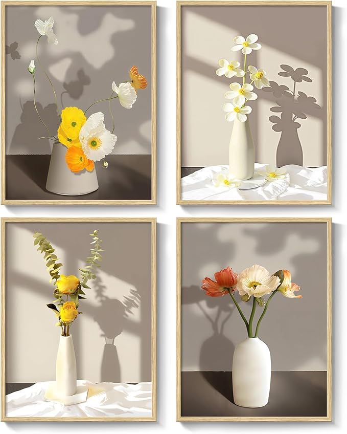 Framed Botanical Wall Art, 4 Piece Yellow Floral Canvas Painting Prints Artwork for Walls, Modern Elegant Flower Pictures for Bedroom Kitchen Hallway Living Room Bathroom Home Decor, 12x16 Inch