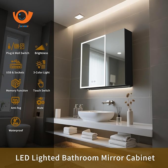 28 x 30 inch Lighted Medicine Cabinet with Mirror, LED Bathroom Cabinet with Anti-Fog, Dimmable 3 Colors Front & Bottom Light, Buit-in Sockets & USBs, 2 Shelves, Plug-in or Hardwired