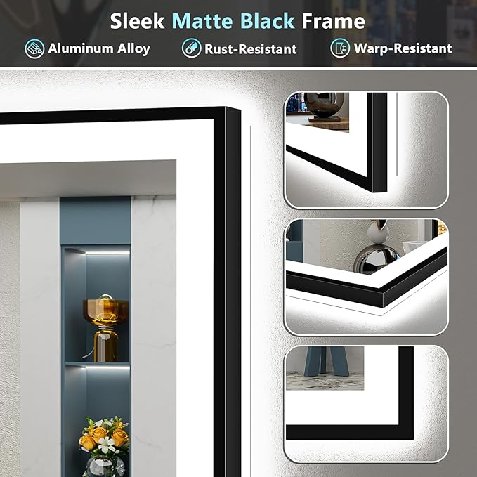 32x36 Black Framed LED Bathroom Mirror with Lights, Backlit & Front Lit, Anti-Fog Lighted Vanity Mirror for Bathroom Wall, 3 Colors, Dimmable, Memory, HD Tempered Glass, Horizontal/Vertical