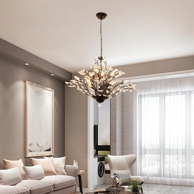 Maxax Vintage Crystal Branch Chandeliers, 12-Light Adjustable K9 Crystal Pendant Hanging Lighting Ceiling Light Fixtures Chandeliers for Dining Room, Living Room, Bedroom, Porch, 33in, Black