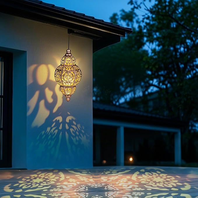 Hanging Solar Lanterns Outdoor Waterproof, Moroccan Solar Lanterns for Outside Garden Decor, Outdoor Hanging Lantern Gardening Gifts for Women Mom Grandma, Yard Patio Lawn Decorations