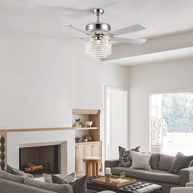 CROSSIO 52 Inch Crystal Ceiling Fan with Light and Remote Control, Modern Chandelier Fan with 5 Reversible Wood Blades Chrome Fandelier for Living Room Bedroom (Fine line Crystal-Ceiling Fan)