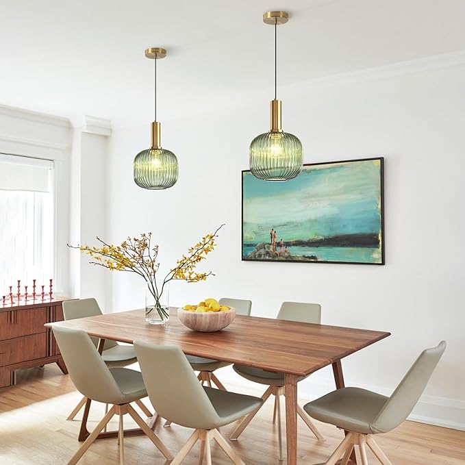 KCO Lighting Vintage Green Glass Pendant Light Kitchen Island Lighting Farmhouse Ribbed Glass Pendant Lighting Large Globe Pendant Light Fixture Brass Gold Single Ceiling Hanging Light