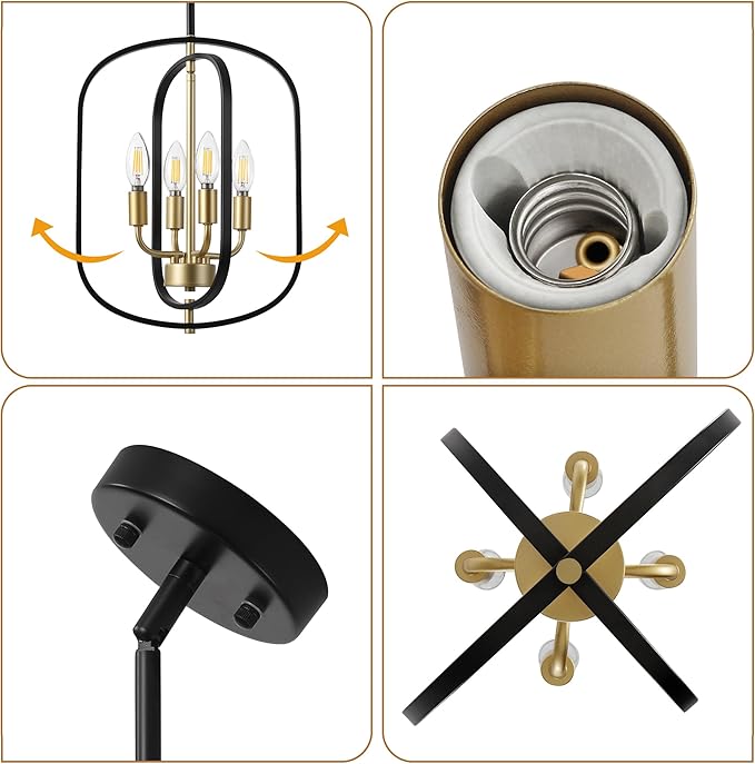 Small Black and Gold Chandelier for Foyer, 4-Light Geometric Metal Entryway Light Fixture Hanging, Modern Farmhouse Pendant Lighting for Kitchen Island Breakfast Nook Bedroom Stairway Office