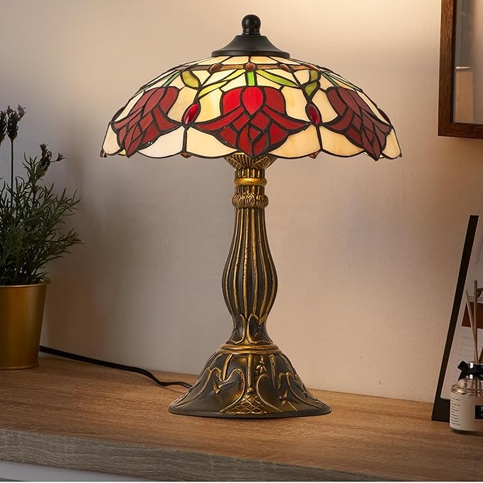 Tiffany Style Table Lamp, 12 inch Tiffany Style Stained Glass Table Lamp Bed Room Bedside Reading Desk Light for Living Retro Unique Cute Accent Decor Cottage Village Nightstand Lamps