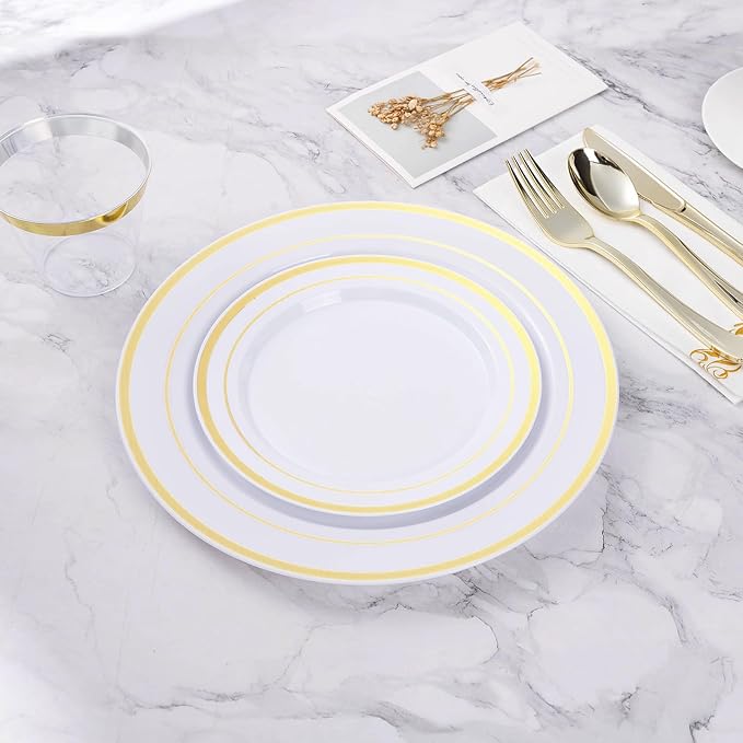 BESTVIP 50PCS Gold Plastic Plates, 10.25 Inch Disposable Dinner Plate Party with Gold Rim, Heavy Duty Disposable Plastic Plates for Christmas, Thanksgiving, Party, Wedding and Birthday