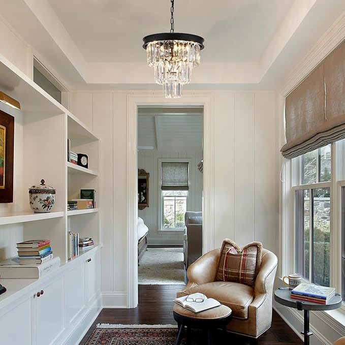 Crystal Chandeliers for Dining Room Light Fixtures Over Table,4-Lights Modern Black Crystal Pendant Lighting Fixture,3 Tiers Small Chandeliers for Kitchen Island Bedroom Entryway D12 Inch