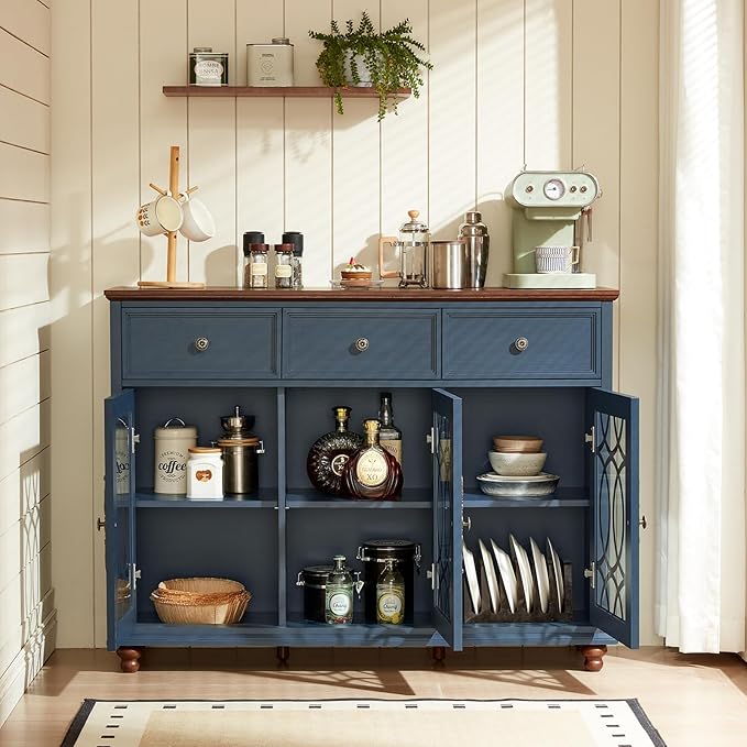 Large Sideboard Buffet Cabinet Set of 2 with Storage,48" Credenza with 3 Glass Doors & 3 Drawers,Adjustable Shelves Coffee Bar,Wood Kitchen Console Table for Dining Room,Blue