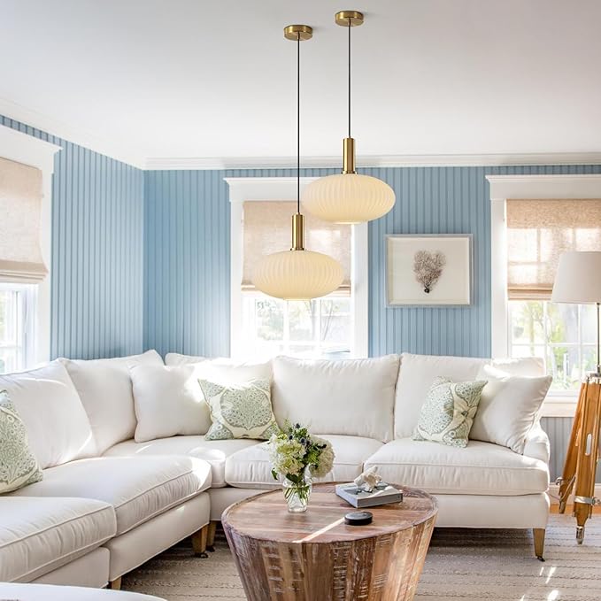 KCO Lighting Large Milk Glass Pendant Lighting Kitchen Island Brushed Brass Globe Pendant Light Mid Century Modern Hanging Light Fixture Gold White Pendant Light