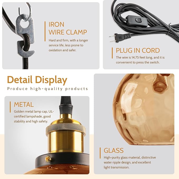 Amber Glass Hanging Lamp, Plug in Pendant Light with 14.75 Ft Long Cord, Plug in Hanging Chandelier Vintage Celing Light Fixtures Hanging for Kitchen Dining Room Living Room Bedroom (2 Pack)
