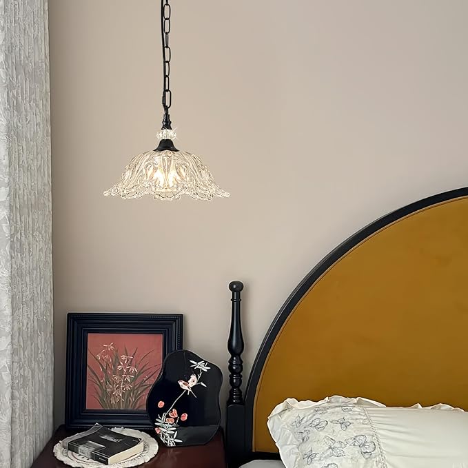 1 Piece Black Chandelier Light Fixtures with Crystal Glass Shade, Black Farmhouse Pendant Light,Hanging Light for Dining Room,Hallway,Living Room,Bedroom