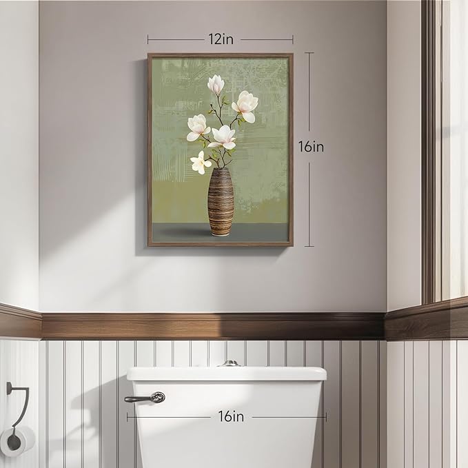 Framed Bathroom Floral Picture Wall Decor, Rustic Botanical Canvas Painting Print for Farmhouse Bathroom, Neutral Elegant Magnolia Green and White Flower Artwork for Bedroom Kitchen Home Decor, 12x16
