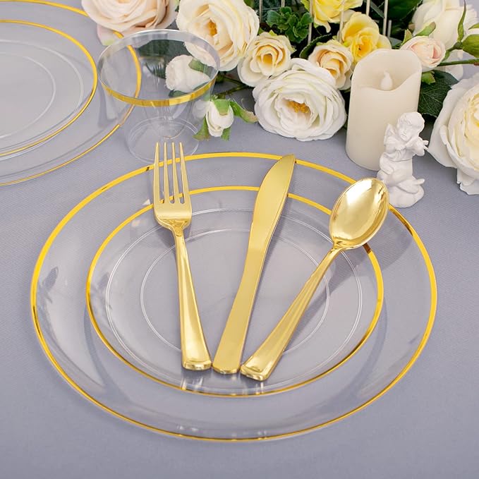 Rubtlamp 140Pcs Christmas Gold Plastic Plates, Clear Disposable Plates with Gold Trim,Christmas Dinnerware Include 20Dinner Plates,20Salad Plates, 20Cups,20Silverware With Pre Rolled Napkins