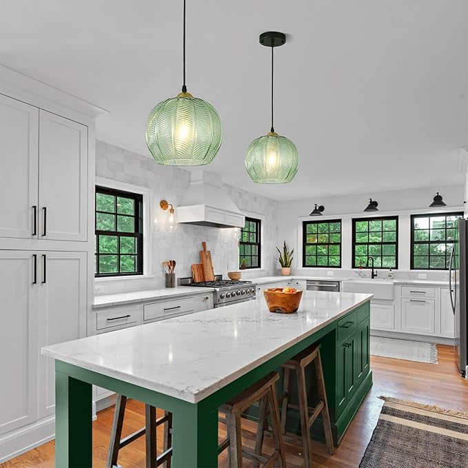 Green Glass Pendant Light, Single Large Globe Pendant Lighting 9.8-Inch Nordic Ribbed Ceiling Hanging Modern Ball Chandelier Light Fixture for Kitchen Island, Dining Living Room, Bedroom