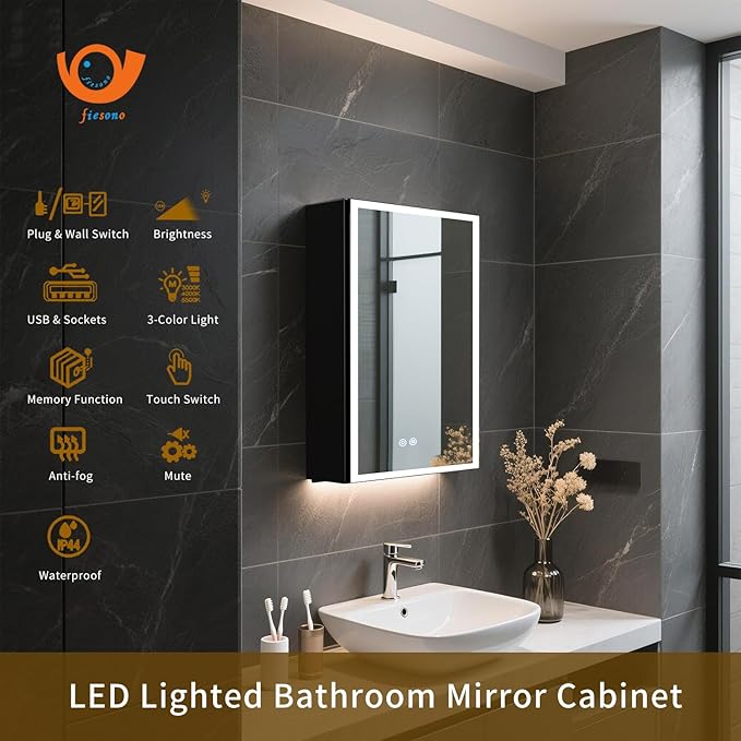 20 x 28 inch Lighted Medicine Cabinet with Mirror, LED Bathroom Cabinet with Anti-Fog, Dimmable 3 Colors Front & Bottom Light, Buit-in Sockets & USBs, 2 Shelves, Plug-in or Hardwired