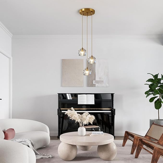 3-Light Cluster Pendant Lighting Crystal Chandelier Gold Hanging Pendant Light Fixture Mid Century Modern Multi Light Pendant Lighting for Dining Room Kitchen Island Bedroom