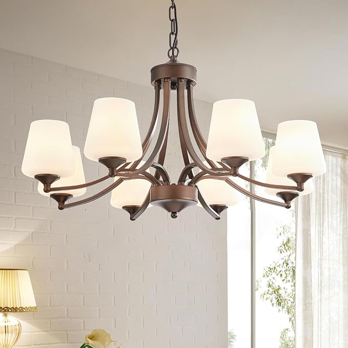 8-Light Large Rustic Chandeliers with Frosted Milky White Glass, Classic 30”Pendant Ceiling Light, Oil Rubbed Bronze Durable Metal Hanging Fixture for Dining Room, Living Room, Kitchen, Farmhouse