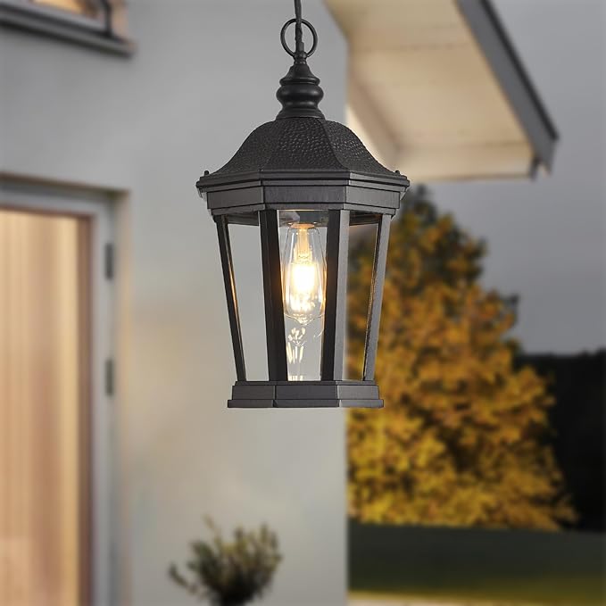 Large Outdoor Pendant Light Fixtures, 17.9" H Black Exterior Hanging Lantern Lights, Height Adjustable Outside Chandeliers with Clear Glass for Porch, Farmhouse, House