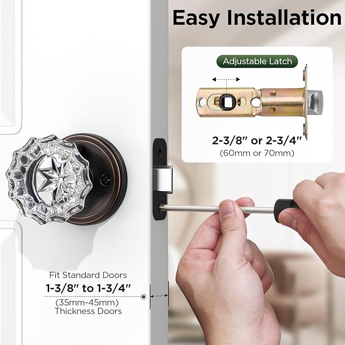 1 Pack Crystal Door Knob, Rosette Shaped Glass Door Knobs Interior with Lock, Oil Rubbed Bronze Door Knobs Interior Glass