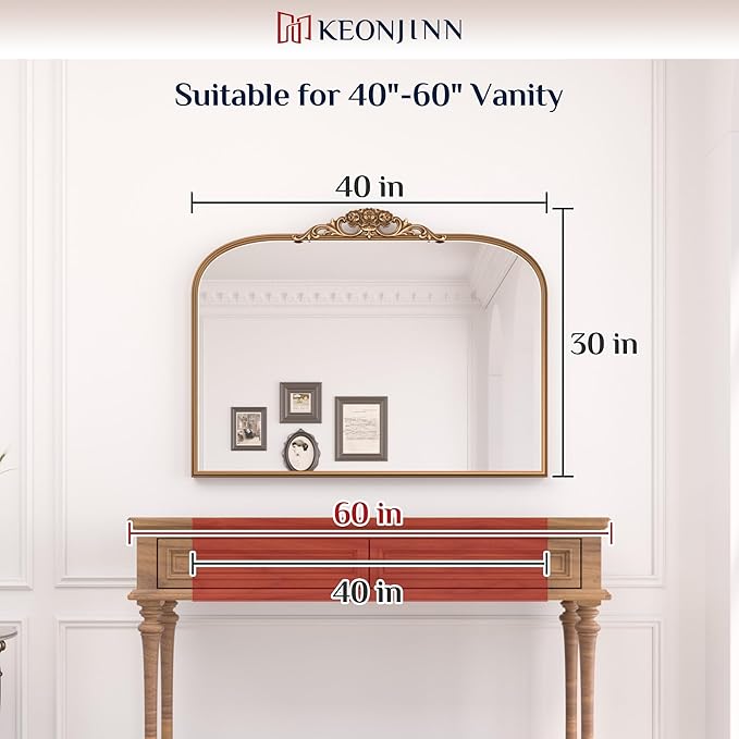 Keonjinn Vintage Mirror 40" x 30", Large Black Antique Mirror with Metal Frame, Ornate Arched Mirrors for Wall, Baroque Decoration for Mantle, Bathroom, Living Room, French Cleat Mounting