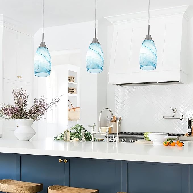 Mini Glass Pendant Light 1-Pack with Handblown Blue Marble Art Oval Glass Lamp Ceiling Hanging Light 4.72" Small Chandelier for Dining Room Kitchen Foyer Hallway