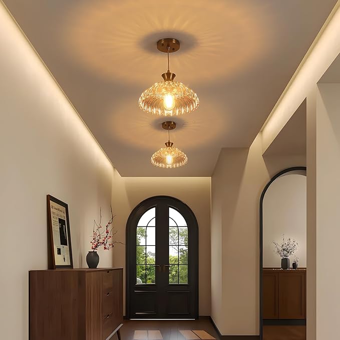 Amber Glass Pendant Lights, 2Pack Brushed Gold Lighting 11.8" Glass Light Fixtures Modern Glass Chandelier Vintage Hanging Ceiling for Kitchen Island Dining Room Restaurant Bedroom Foyer