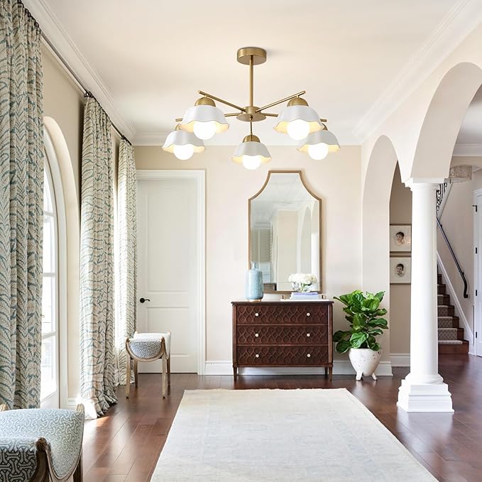 5-Light Modern Chandelier Large Opal White Glass Sputnik Pendant Light Fixture Brass Semi Flush Mount Ceiling Light Vintage Living Room Close to Ceiling Chandelier Light for Bedroom MCL08-5 GD