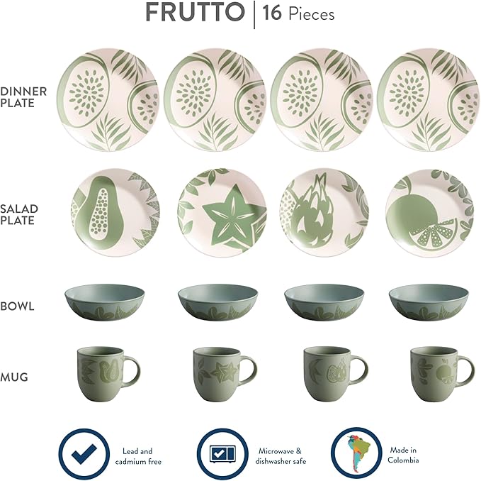 Corona 16–piece Green Tropical Fruit Design Ceramic Dinnerware Sets | Plates, Bowls and Mugs | Service For 4 | Frutto