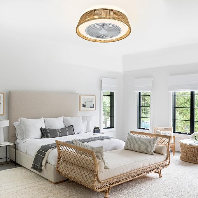 21" Boho Paper Rope Caged Ceiling Fan with Lights Remote,3-Color Temperature Fan with Light and Reversible Motor,LED Rattan Chandelier Ceiling Fan for Bedroom, Living Room