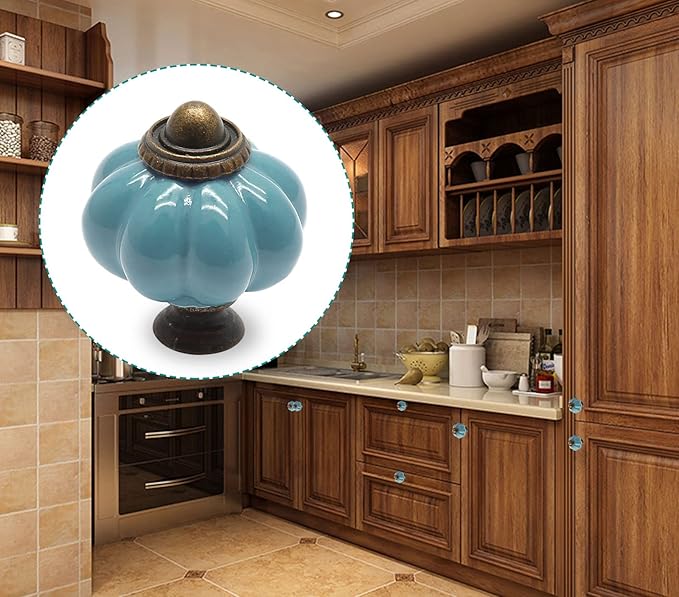 12pcs Celadon Pumpkin Knobs, Vintage Ceramic Cabinet Knobs, Dresser Drawer Door Knobs Drawer Pulls Dresser Handles with Mounting Screws