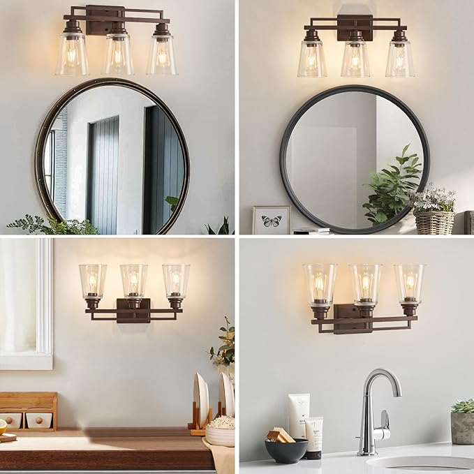 Refice Bathroom Vanity Lights, Bathroom Light Fixtures Over Mirror, Oil Rubbed Bronze 3-Light Wall Lamps Vintage with Clear Glass Shades for Mirror, Living Room, Farmhouse, Hallway