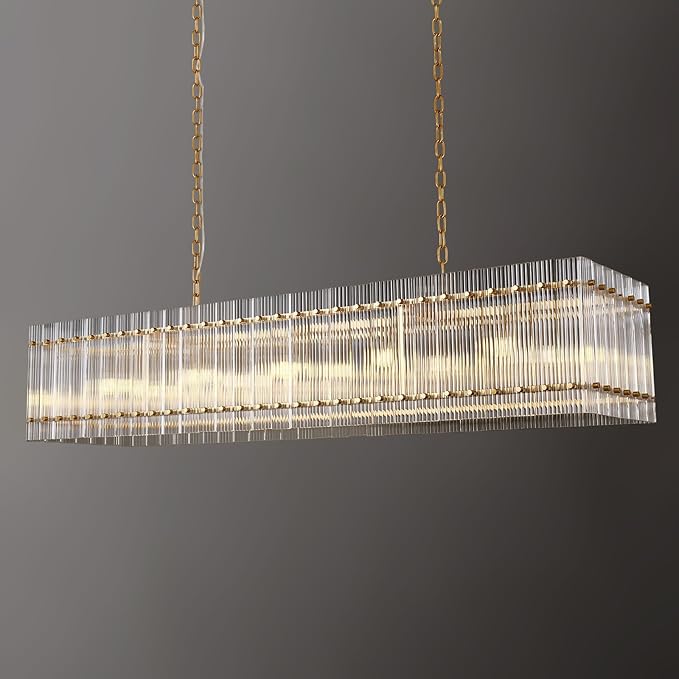 Modern Gold Chandeliers,55 in Chandelier for Dining Room, Rectangular Water Ripple Crystal Glass Chandeliers Lighting Fixture, Suit Living Room、Kitchen Island, Adjustable Hanging Chandelier