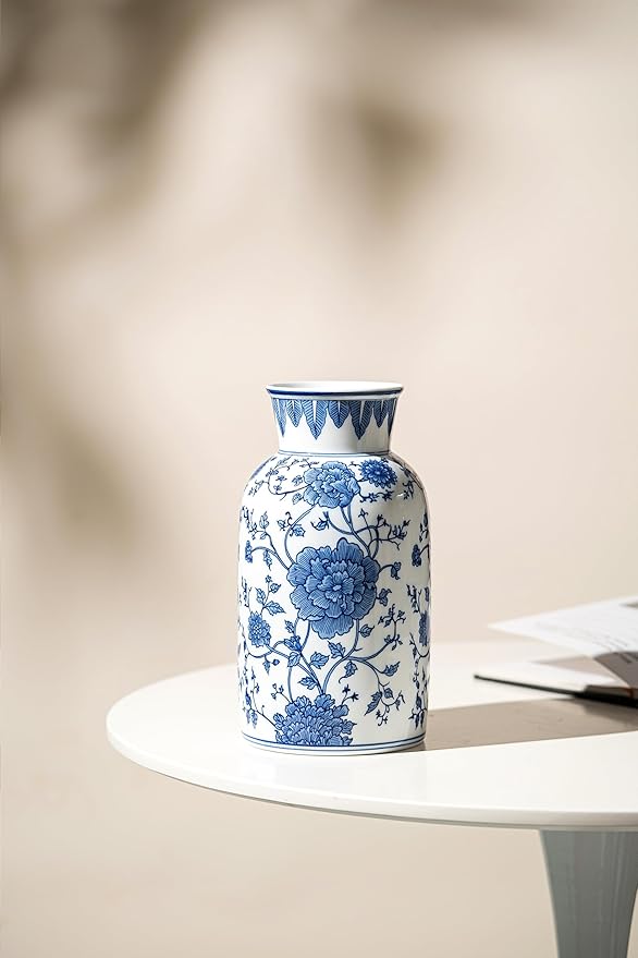 Modern Blue and White Porcelain Vase - Chinoiserie Ginger Jar for Home Decor, Floral Arrangement, 11-Inch Height Handcrafted Ceramic Vase