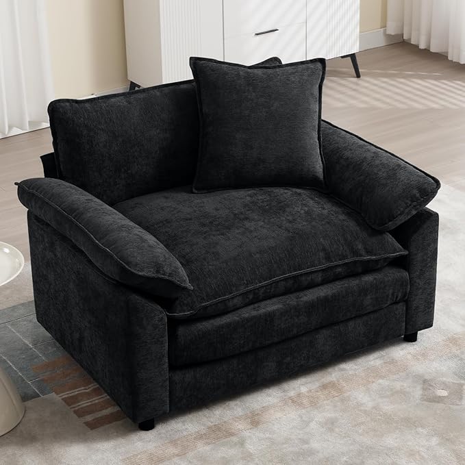 Modern Oversized Chair Set of 2, Comfy Chenille Accent Chair Large Upholstered Armchair with Extra Thick and Deep Seat Lounge Chair for Living Room,Bedroom,Apartment (Black)