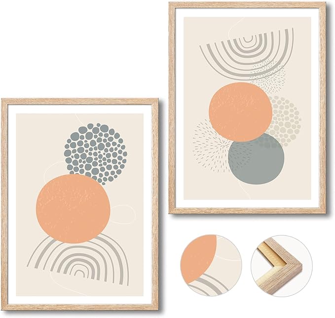 Framed Boho Wall Art Set of 2 Mid Century Modern Wall Decor, Bohemian Sun Geometric Painting, Abstract Canvas Art Print for Living Room Bedroom Dining Room Office Bathroom 12"x16"x2 Panels