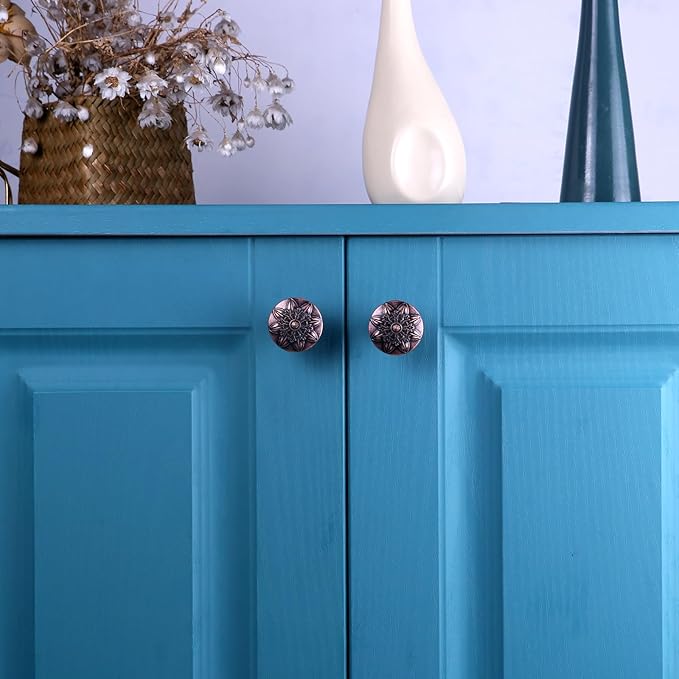 10 Pack Antique Copper Cabinet Hardware, 1-2/5" Round Vintage Copper Knobs and Pulls for Dresser Drawers and Kitchen Cabinets