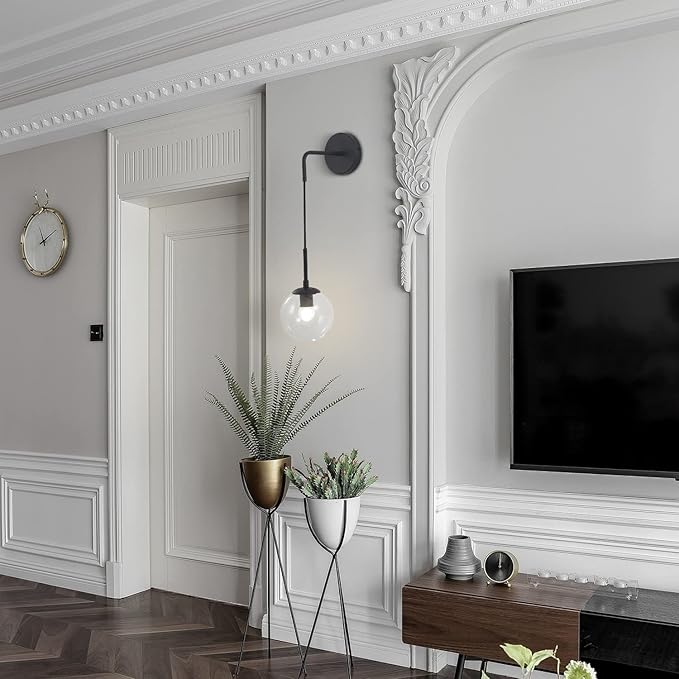 KCO Lighting Black Globe Wall Sconce Set of 2 Mid Century Modern Wall Light with Clear Glass Shade Vintage Adjustable Wall Lamp for Bathroom Mirror Bedside Stairs (Clear)