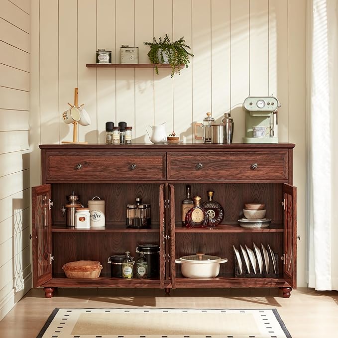 Large Sideboard Buffet Cabinet Set of 2 with Storage,59" Credenza with 4 Glass Doors & 2 Drawers,Adjustable Shelves Coffee Bar,Wood Kitchen Console Table for Dining Room,Brown